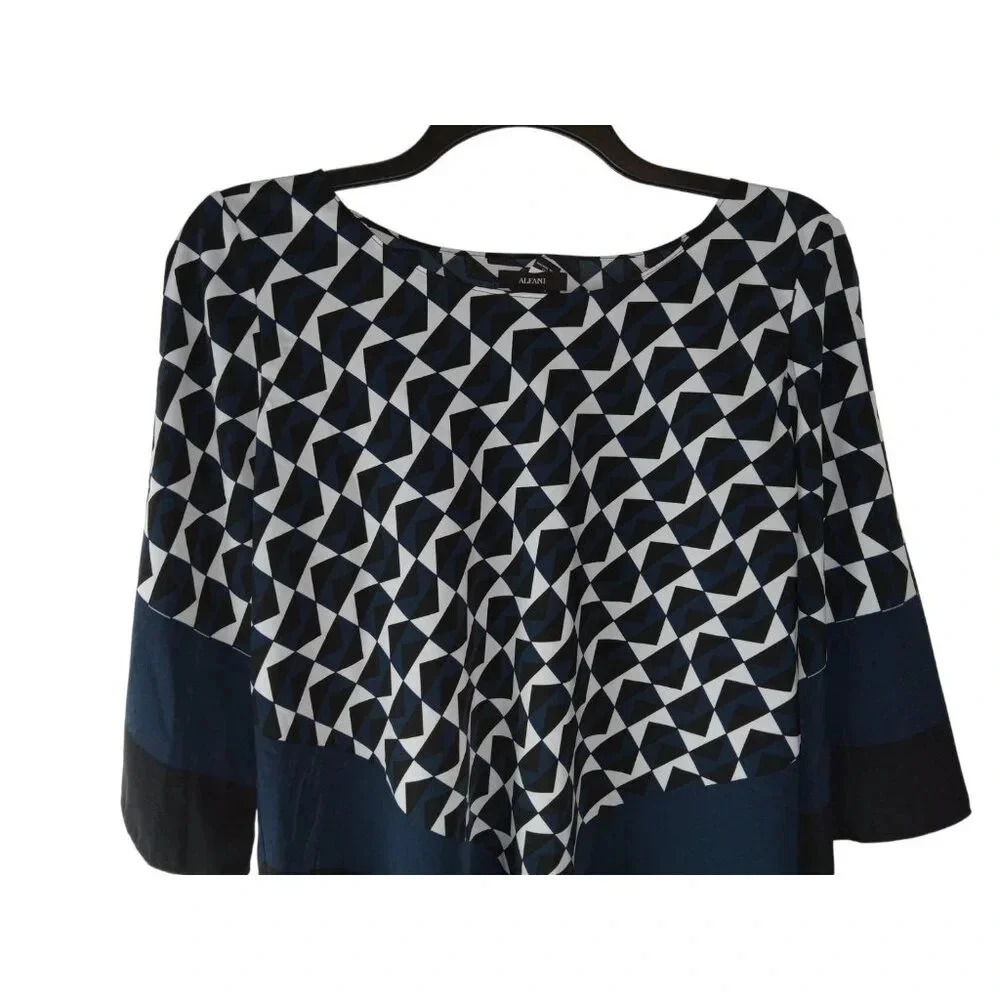 Alfani Womens Top Black Blue Geometric Pullover Asymmetrical Blouse Size 14 - Picture 3 of 9